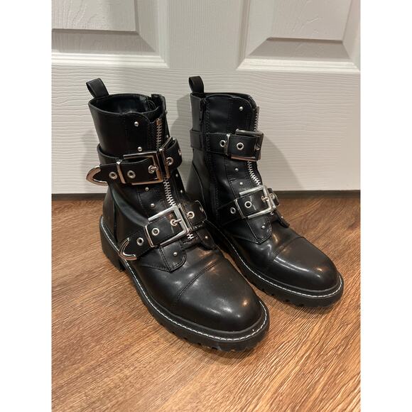 iver Island Black Buckle Biker Combat Boots Women's Size 7 - Picture 1 of 9